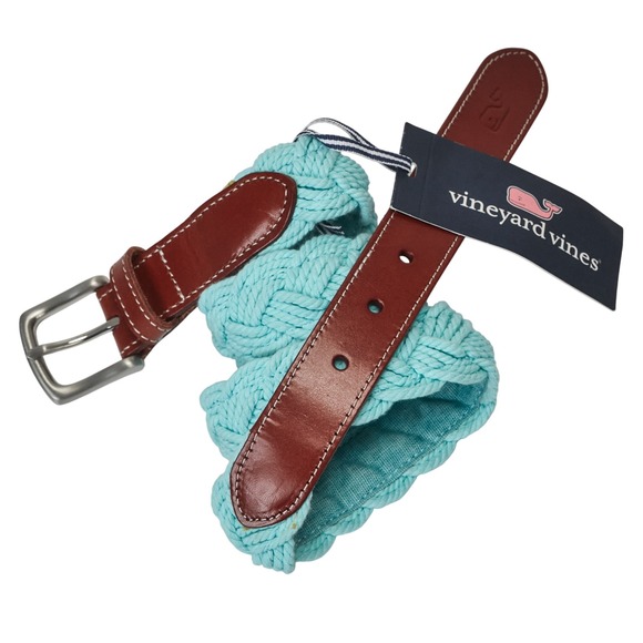 Vineyard Vines Mens Crystal Blue Braided Rope Belt Brown Leather Details 32" - Picture 1 of 6